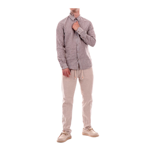 Yes Zee Camicia in lino Camicia Uomo a righe verticali Marrone bianco - Francavilla Moda